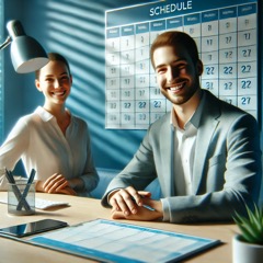 A friendly man and woman sitting at a desk, smiling while looking at a wall schedule in a welcoming office