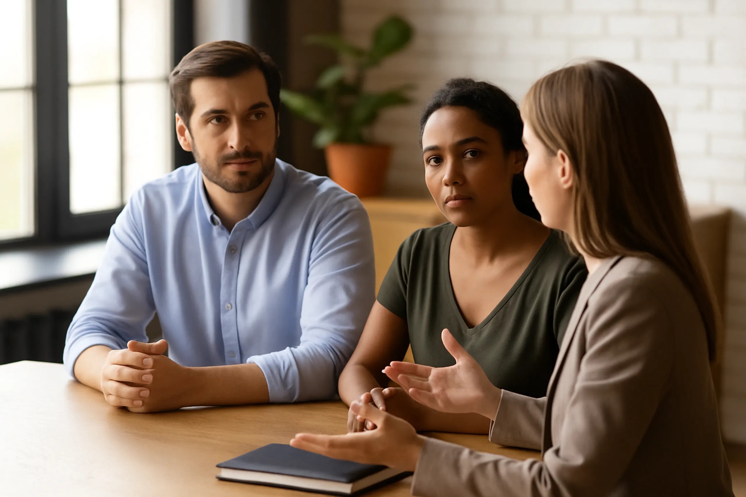 discussion_image_2560 Three people in a serious yet calm discussion at a wooden table in a bright modern office