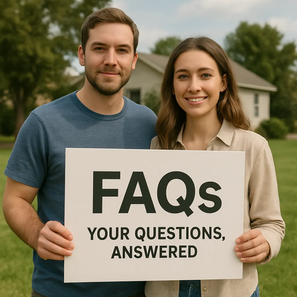 Smiling couple holding a “FAQs – Your Questions, Answered” sign in front of a suburban home, standing outdoors on a sunny day.