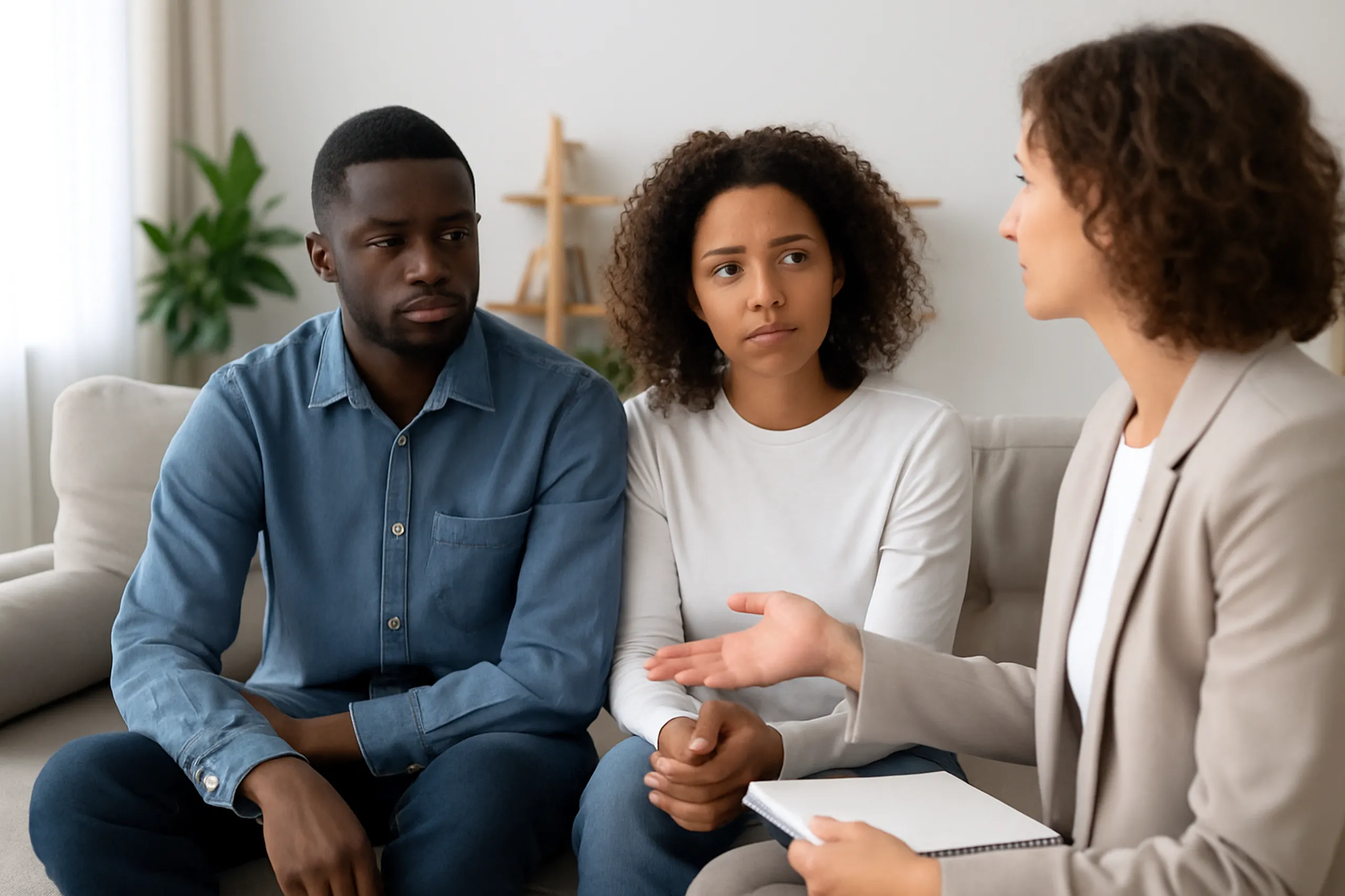 Concerned couple listening to a professional woman during a home consultation