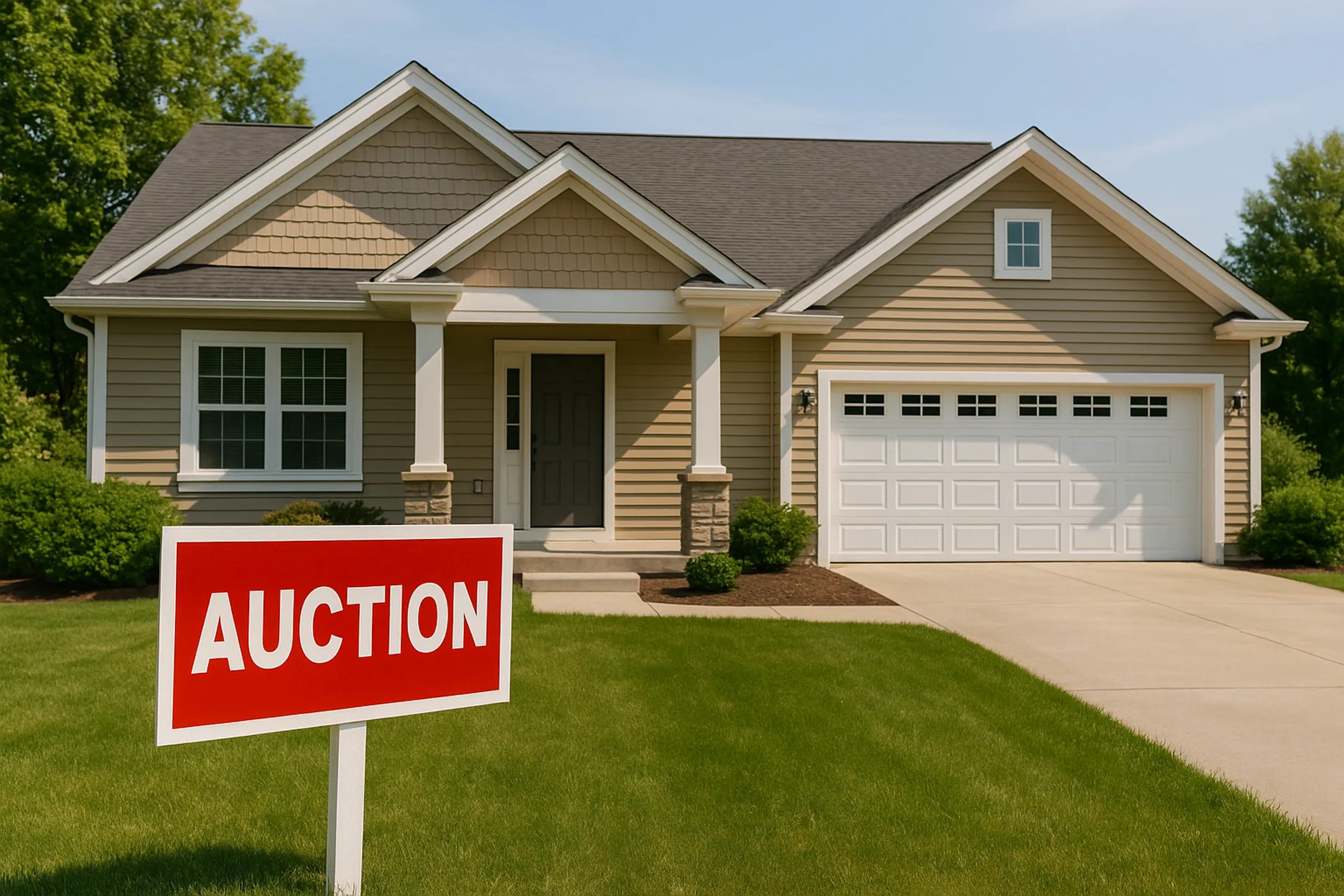 Single-story suburban home with an auction sign posted on the front lawn