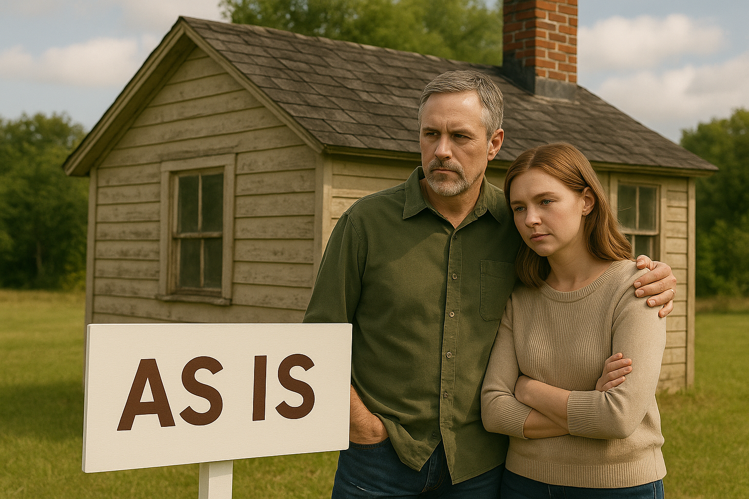 A concerned couple stands in front of a run-down house with an “AS IS” sign, showing signs of emotional stress and uncertainty.