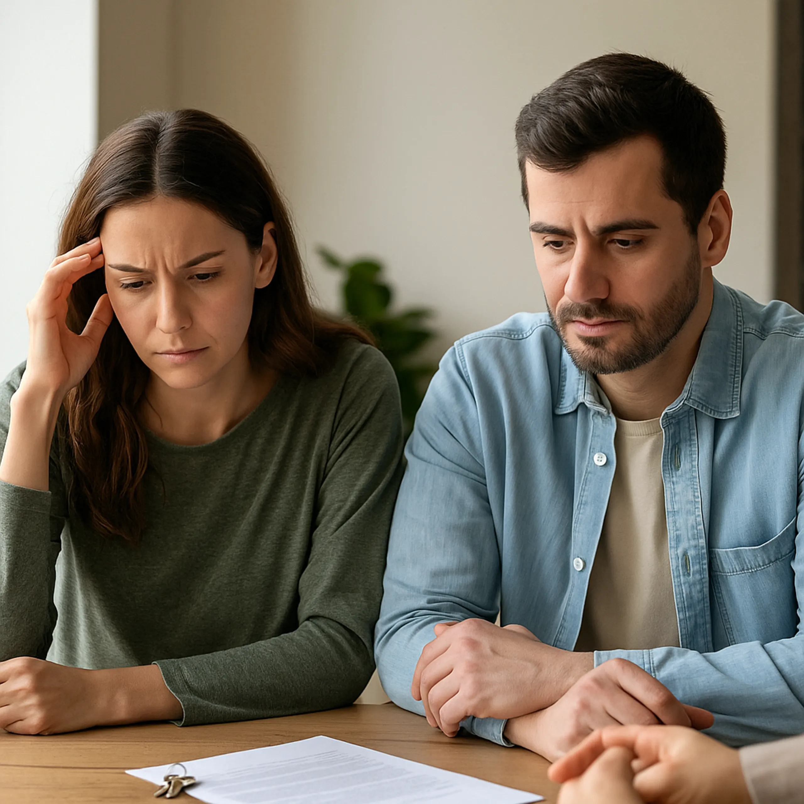 Concerned couple reviewing paperwork at a table, considering a serious decision together