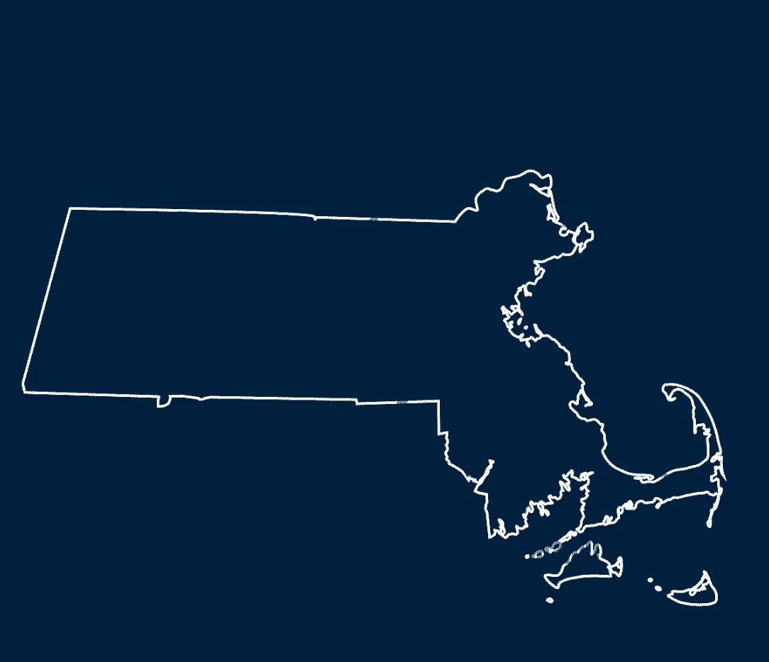 White outline of Massachusetts on a dark blue background