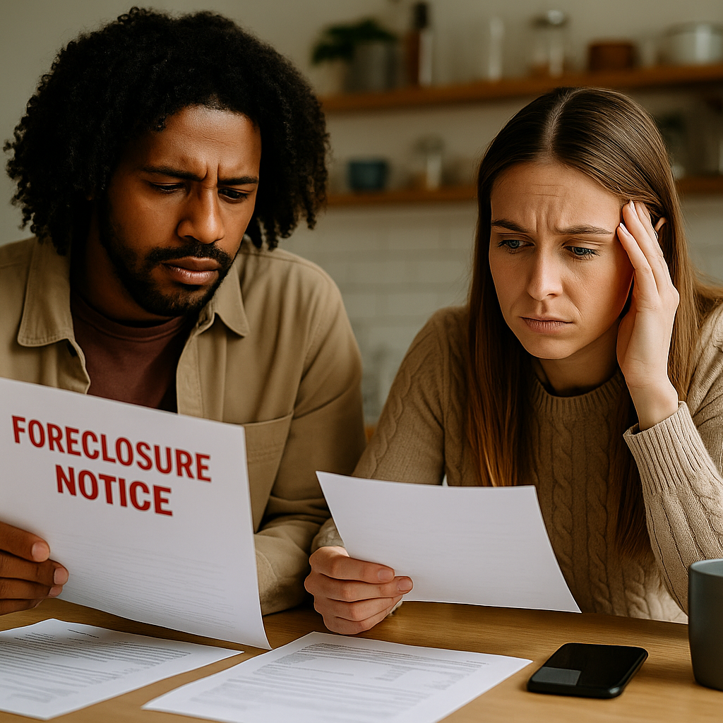 Worried couple reviewing foreclosure paperwork together at a kitchen table with documents and coffee cups