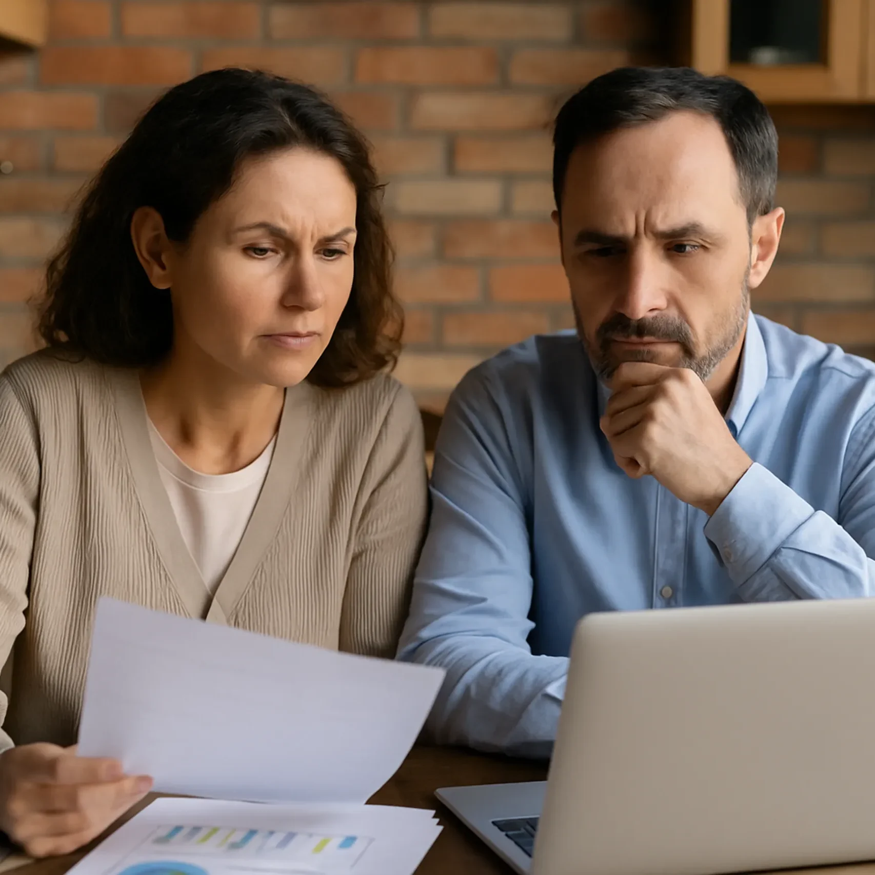 Middle-aged couple reviewing financial documents together at a kitchen table with a laptop and charts