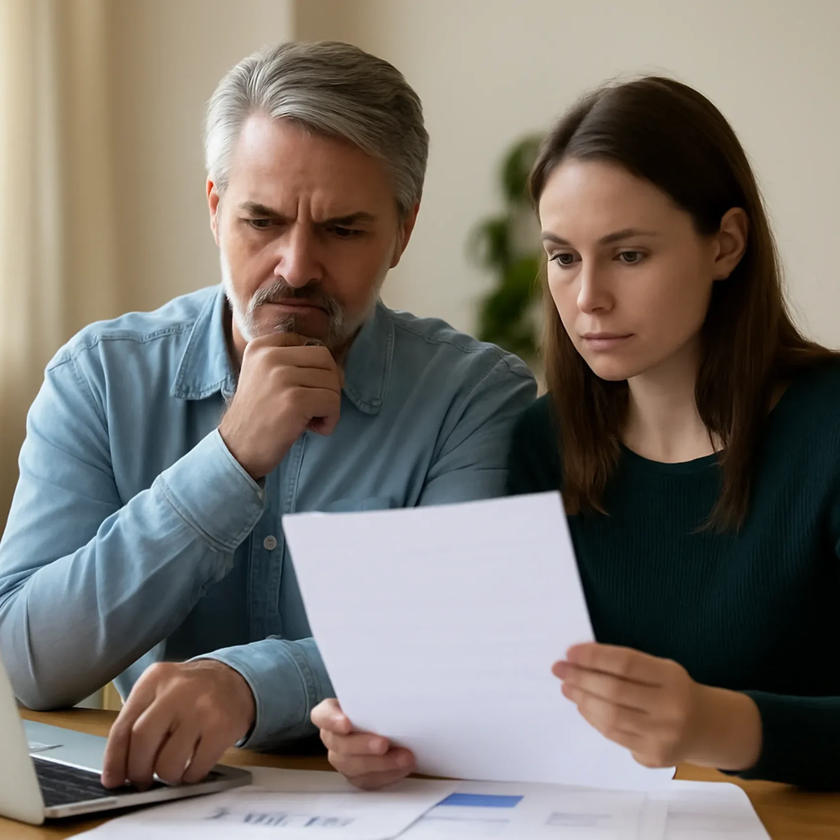 Focused couple reviewing paperwork and laptop options at a wooden table in a softly lit room