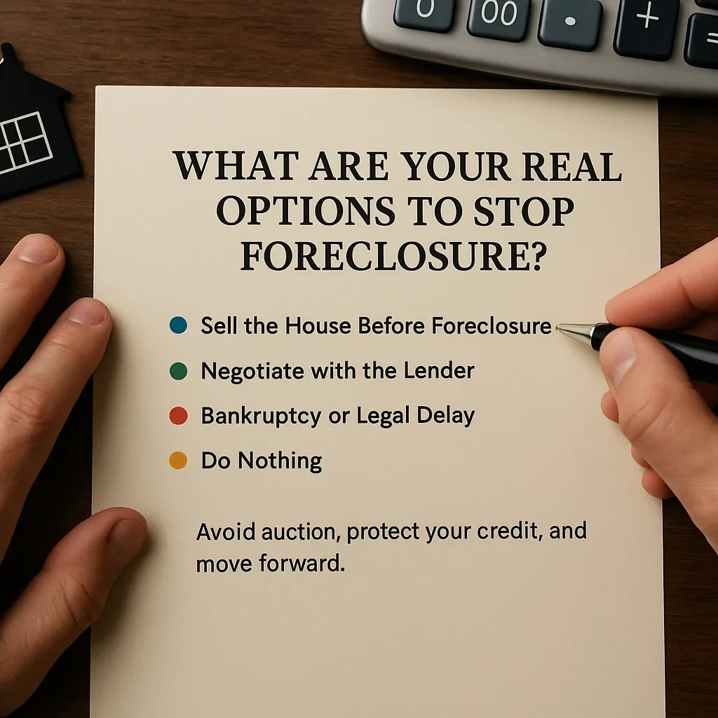 Hands reviewing a printed list of foreclosure prevention options with house keys and calculator on a wooden table